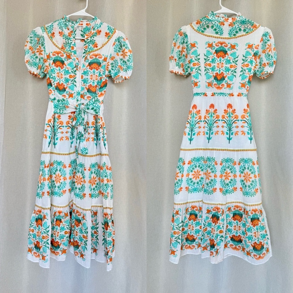 Celina Moon Pippa Floral White Orange Green Short Sleeve Midi Dress M - Picture 3 of 11